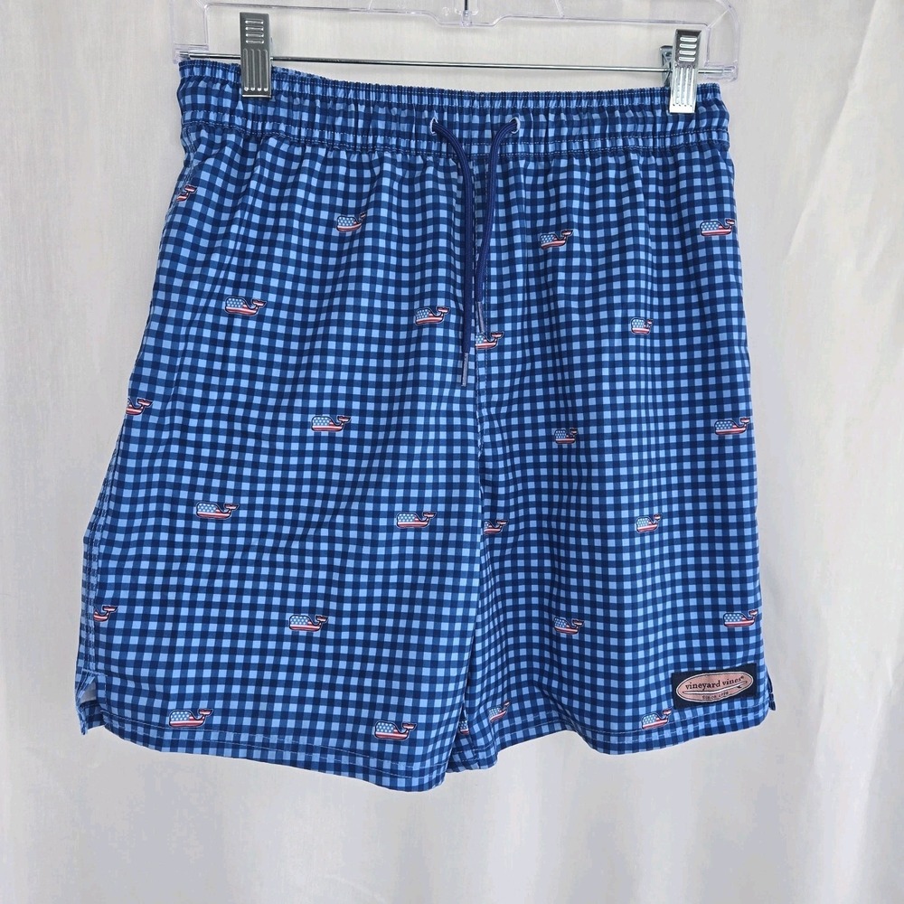 Vineyard Vines Boys Chappy Swim Trunks Blue Gingham Check American Flag Whales L